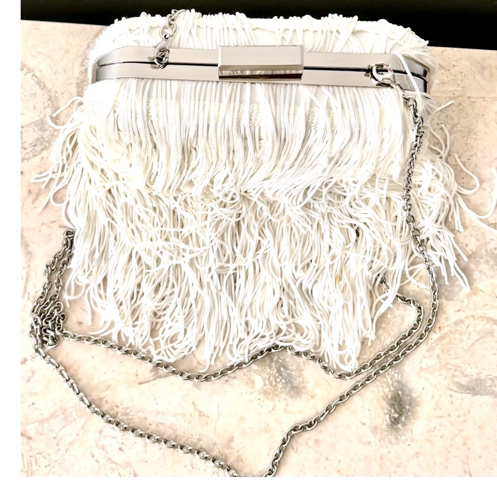 White event purse layered tassels and fringe silver shoulder chain-INC - Picture 4 of 6